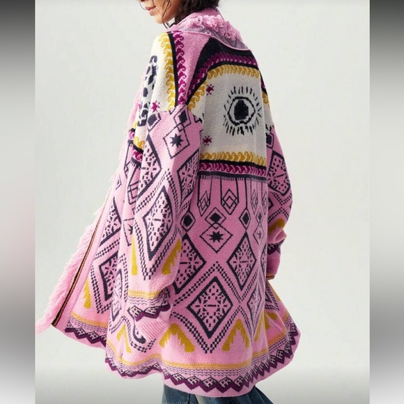 Sweaters - Floral boho knit fringe cardigan sweater Pink Patterned Hooded Cardigan